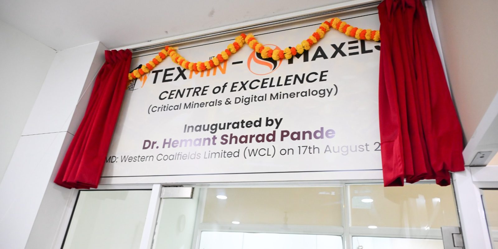 Inauguration Plaque — The TEXMiN–MaxelS Centre of Excellence for Critical Minerals & Digital Mineralogy is formally inaugurated by              Dr. Hemant Sharad Pande, CMD, Western Coalfields Limited (WCL), on 17 August 2026.